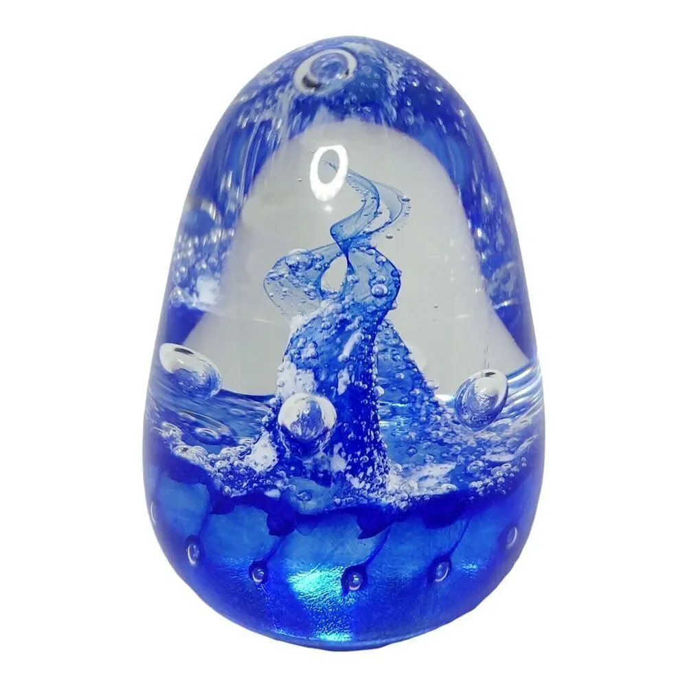 Vingate Glass Cobalt Blue Bubbles and Swirls Blown Glass‎ Paperweight Signed 3